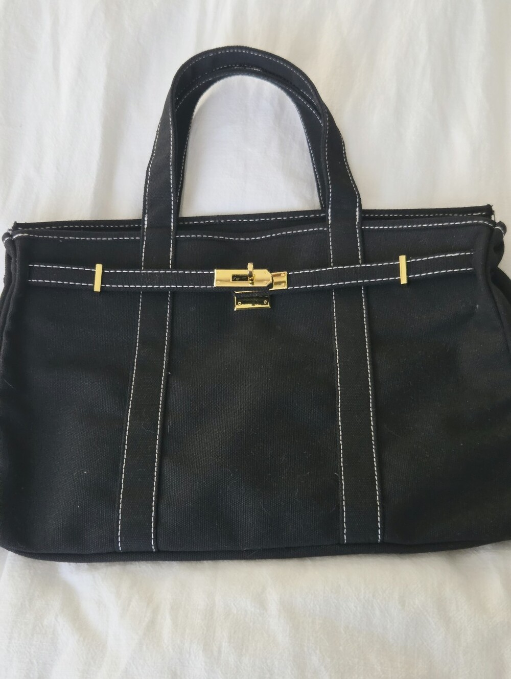 Black Canvas Boatkin Tote With White Stitching And Gold Hardware - Picture 6 of 16